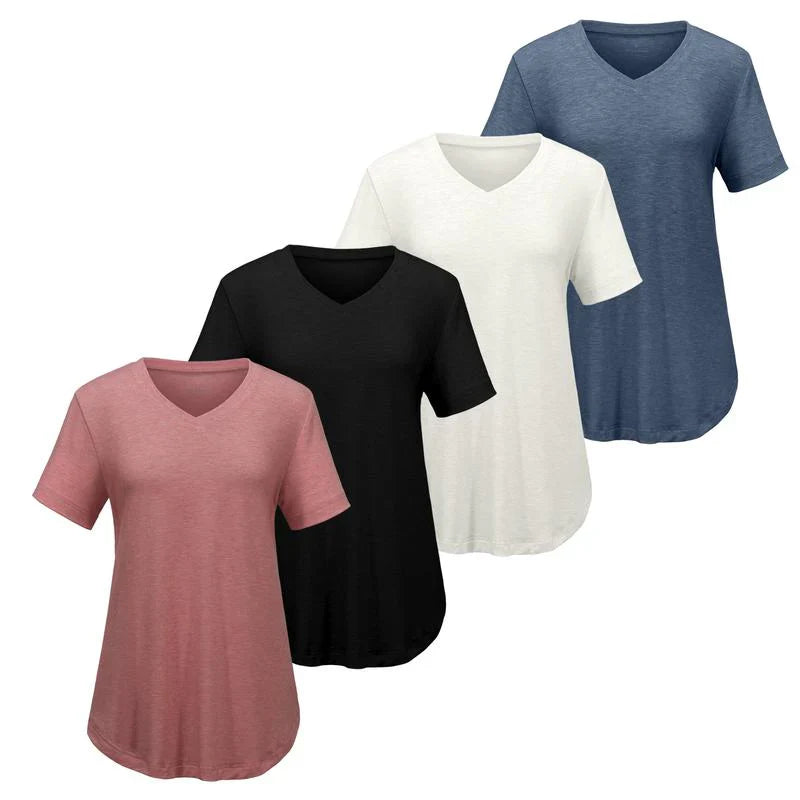BRYSHA® 4-Pack V-Neck T-Shirts for Women – Soft, Relaxed Fit with Curved Hem