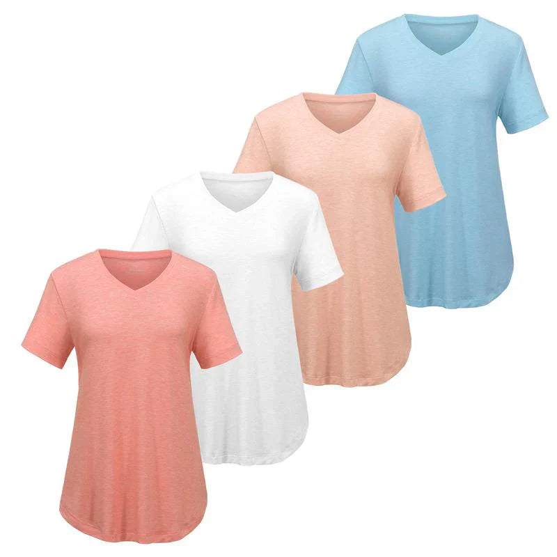 BRYSHA® 4-Pack V-Neck T-Shirts for Women – Soft, Relaxed Fit with Curved Hem