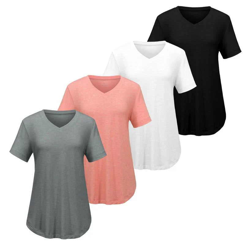 BRYSHA® 4-Pack V-Neck T-Shirts for Women – Soft, Relaxed Fit with Curved Hem