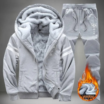Men's Winter Thick Warm Hooded Sweatshirt And Pants Two-Piece Casual Set