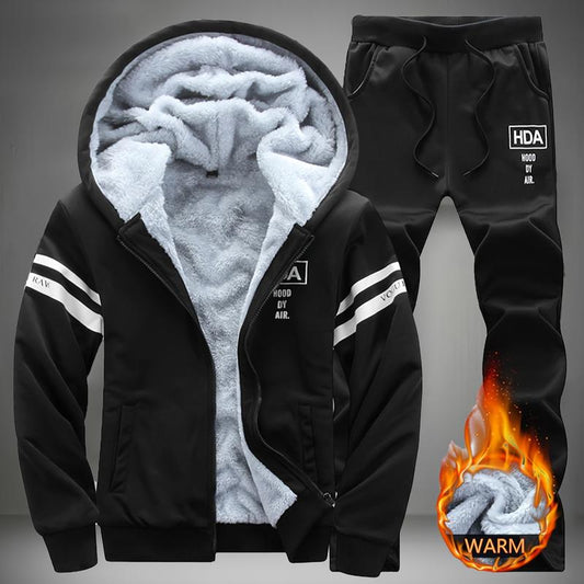 Men's Winter Thick Warm Hooded Sweatshirt And Pants Two-Piece Casual Set