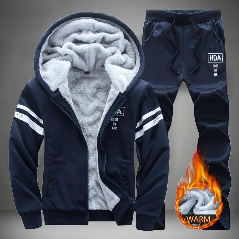 Men's Winter Thick Warm Hooded Sweatshirt And Pants Two-Piece Casual Set