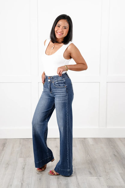 BRYSHA® Wide Leg Jeans – High Rise, Double Button, Trouser Hem