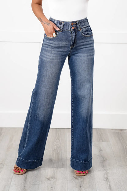 BRYSHA® Wide Leg Jeans – High Rise, Double Button, Trouser Hem
