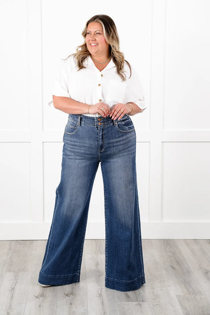 BRYSHA® Wide Leg Jeans – High Rise, Double Button, Trouser Hem